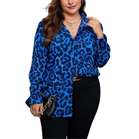 2/$30 SHEIN Clasi Leopard Print Button Front Shirt Blue 6 #A0291 TRB2 - Picture 5 of 11